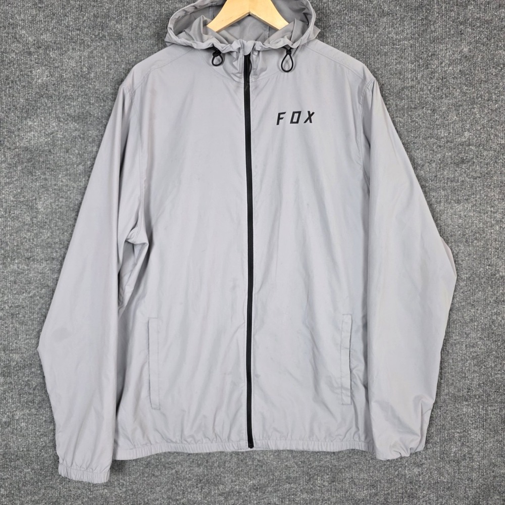 Fox Racing Mens XL Hooded Windbreaker Jacket Gray Full Zip Lightweight Motocross